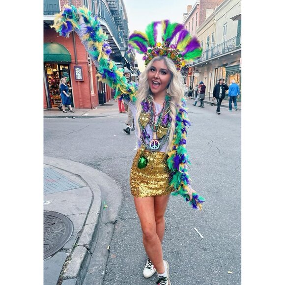 Mardi Gras Headband Women Feather Sparkly Tinsel Festive Parade Accessory - Picture 2 of 9